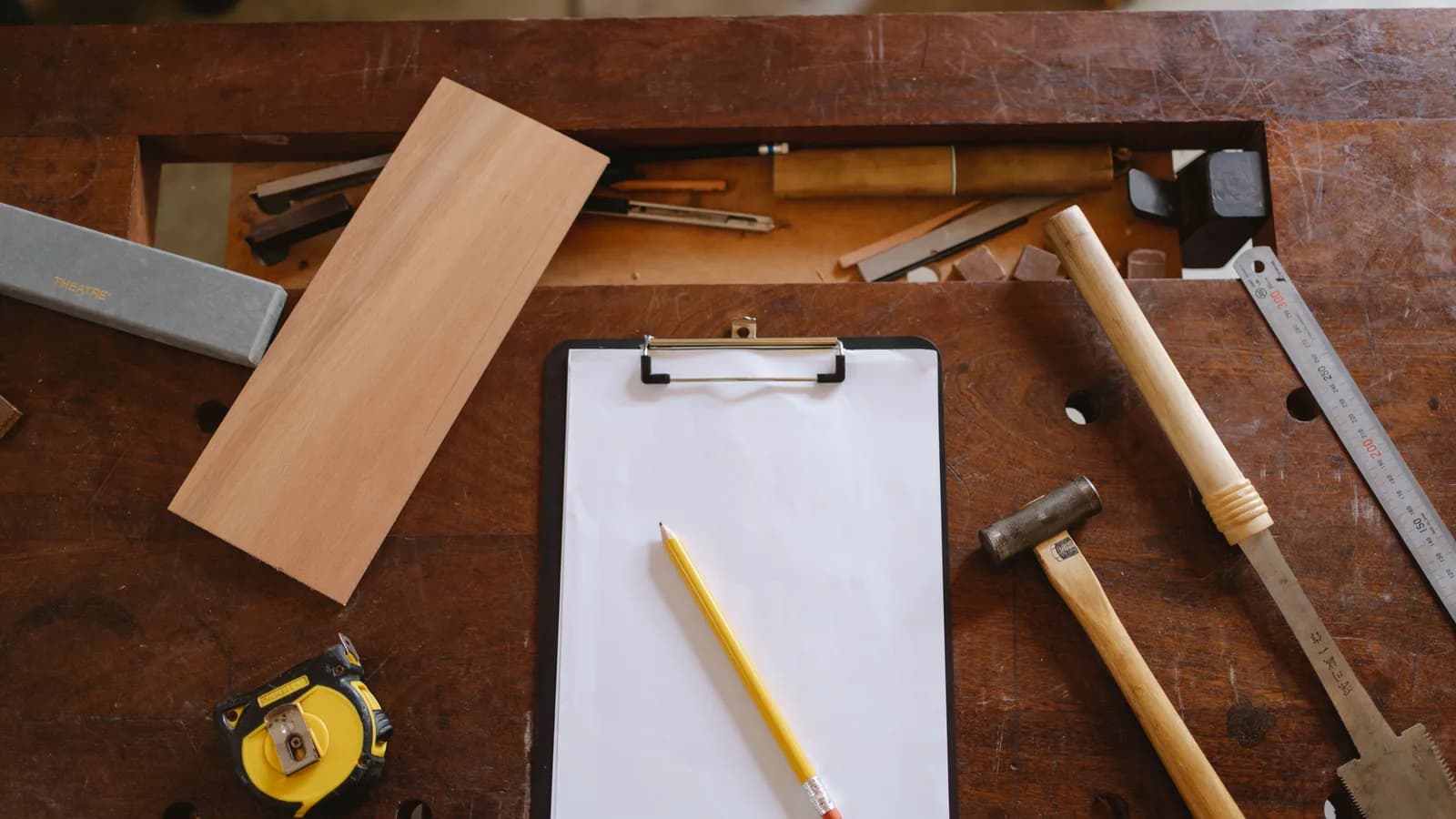 Flatlay of carpentry tools on a wooden workbench, showcasing craftsmanship essentials.