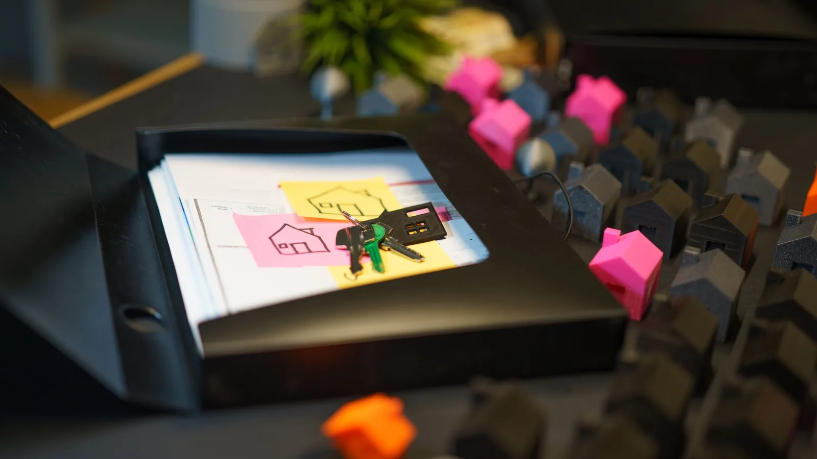 Keys and real estate documents on a desk surrounded by colorful house models, symbolizing property transactions.