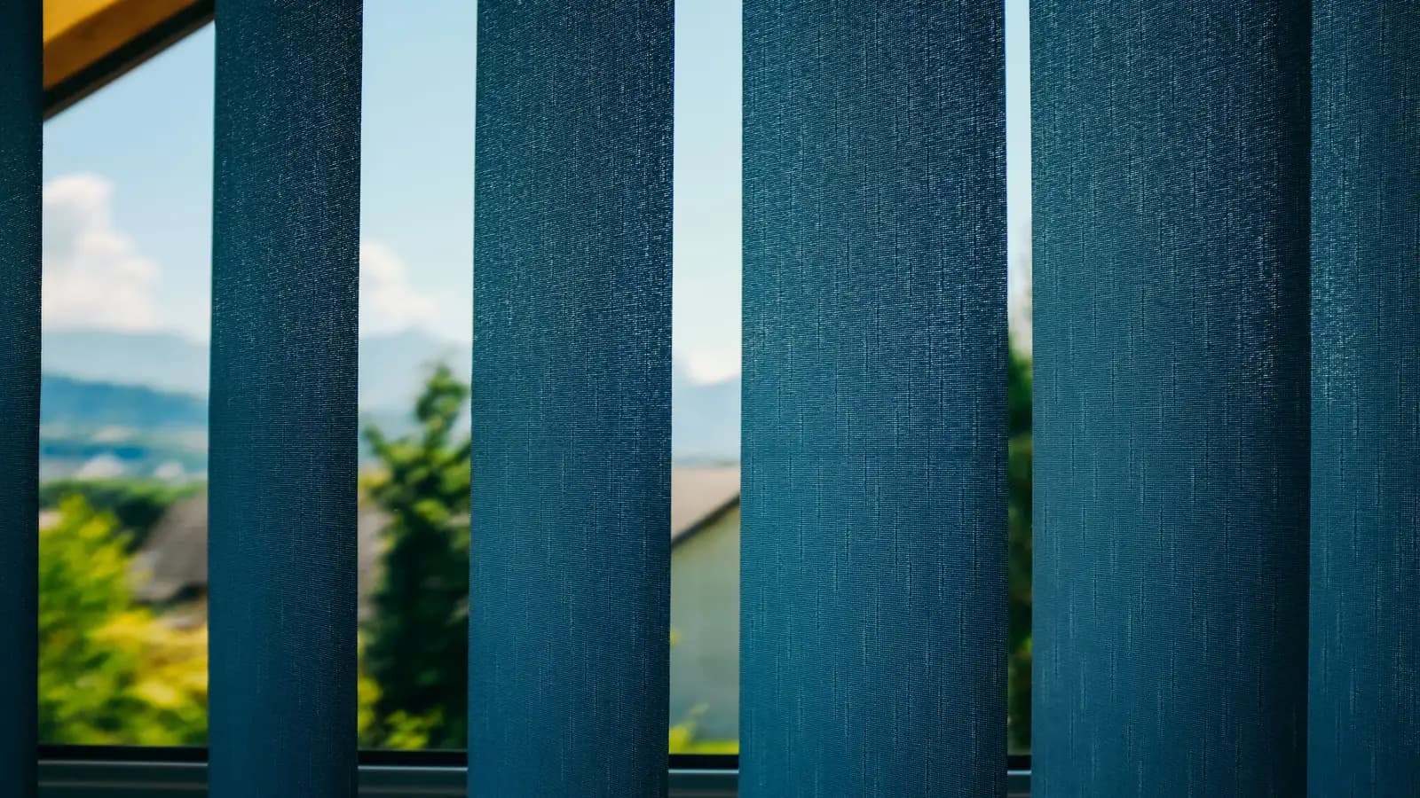 Through blue blinds view on green trees growing in yard of home located in suburb