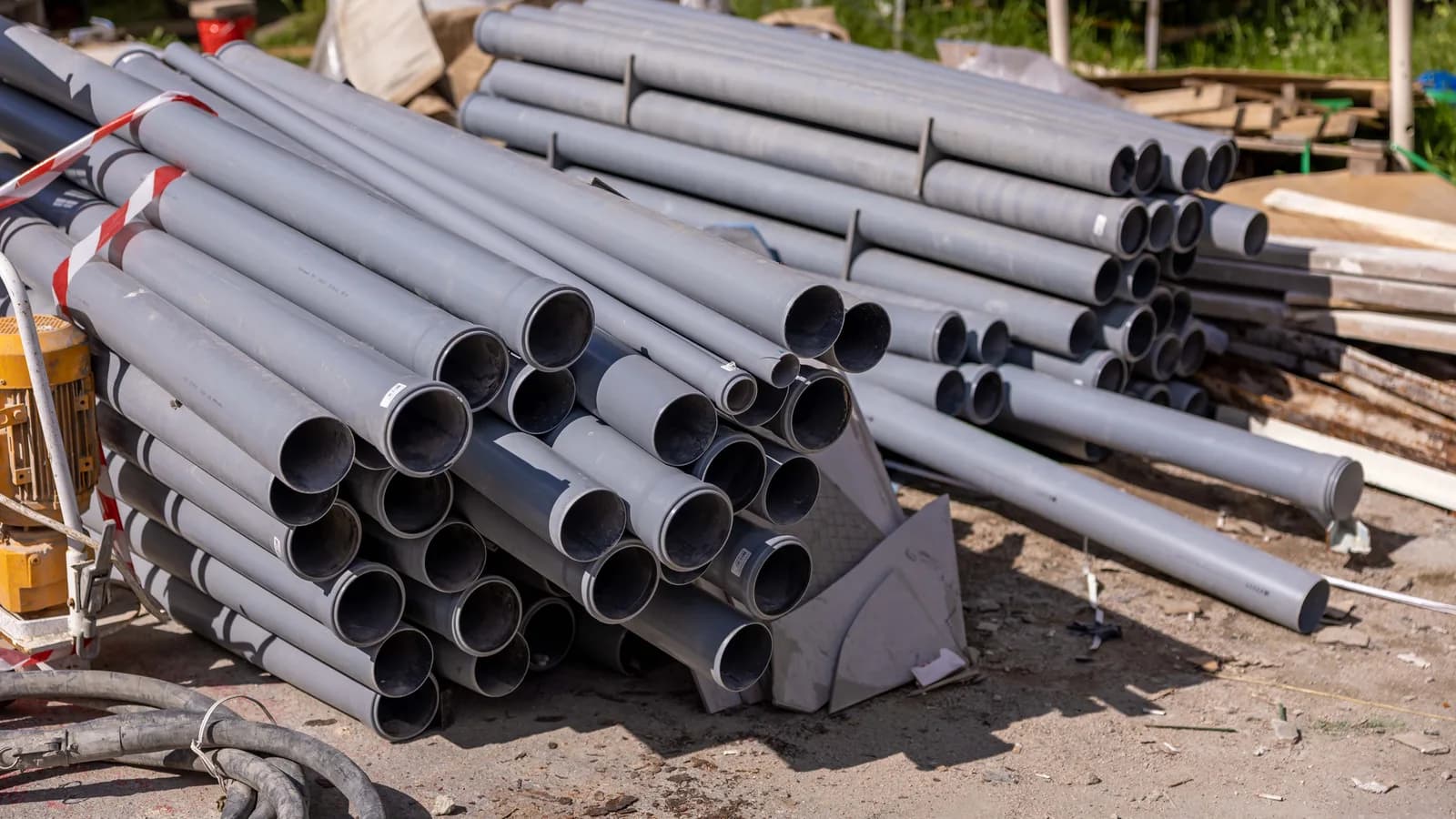 A collection of gray PVC pipes neatly stacked at an outdoor construction site.