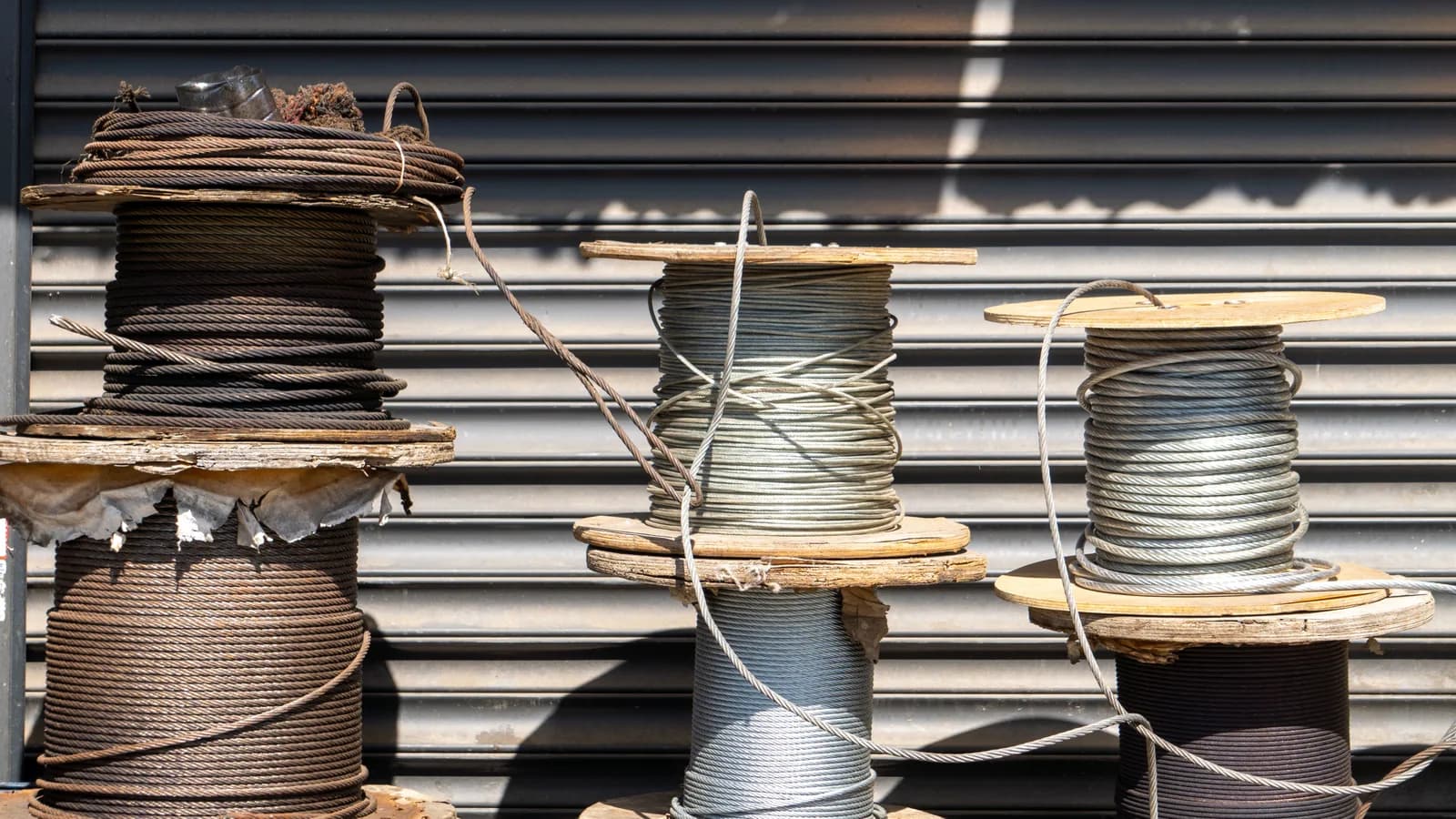Multiple large spools of industrial cable placed outdoors in front of a closed shutter.