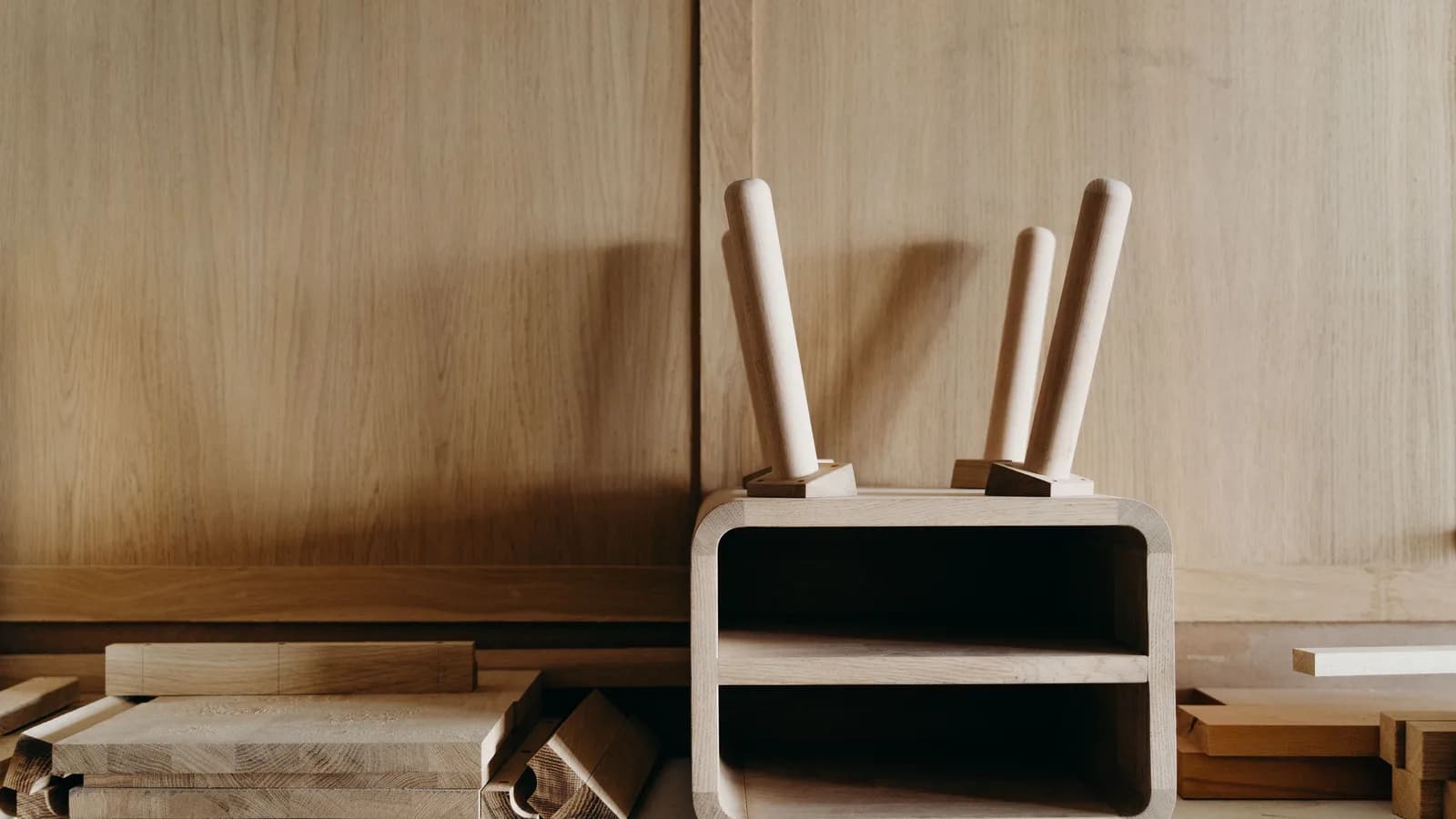 Wood furniture components arranged in a cabinetmaking workshop