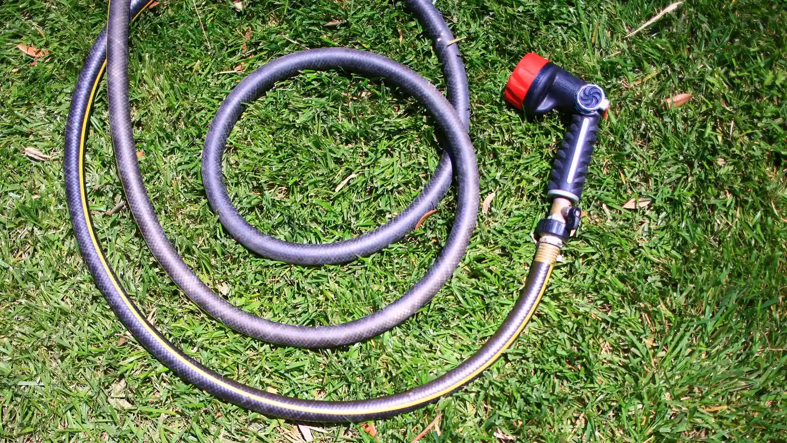 Dark garden hose arranged in broad loops on grass beside a red spray nozzle