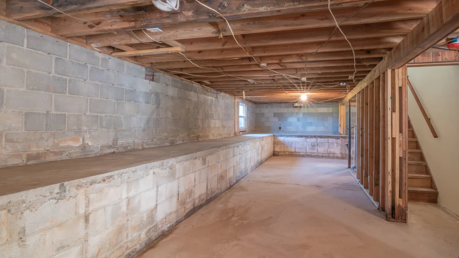 Empty basement with exposed wooden beams, concrete walls and stairs.