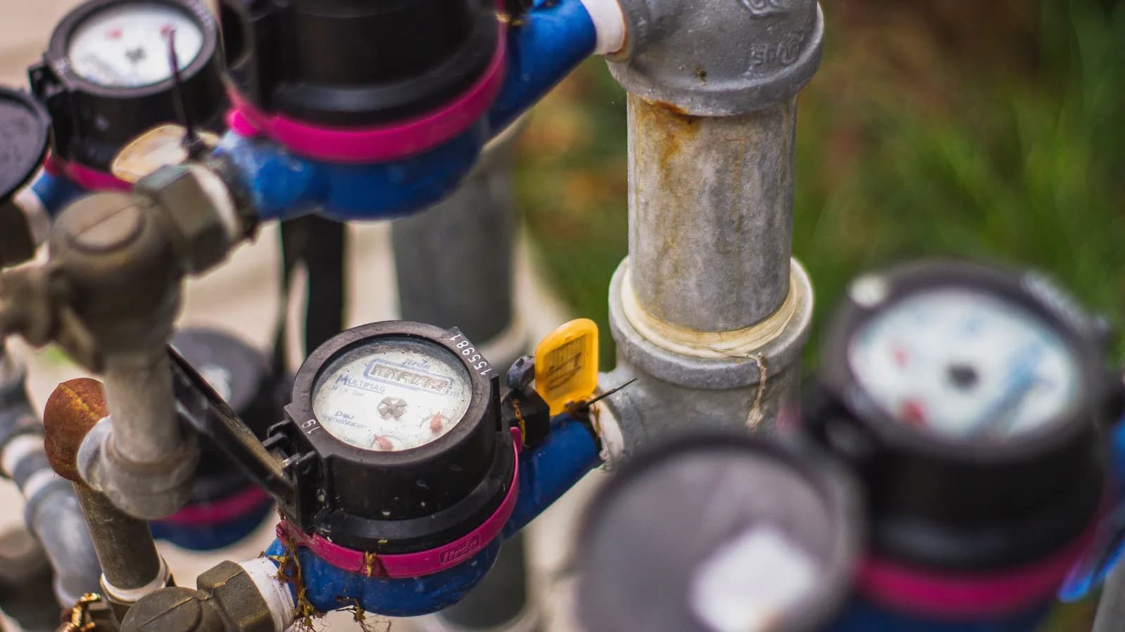 Detailed image of industrial water pressure gauges and pipes in an outdoor setting.