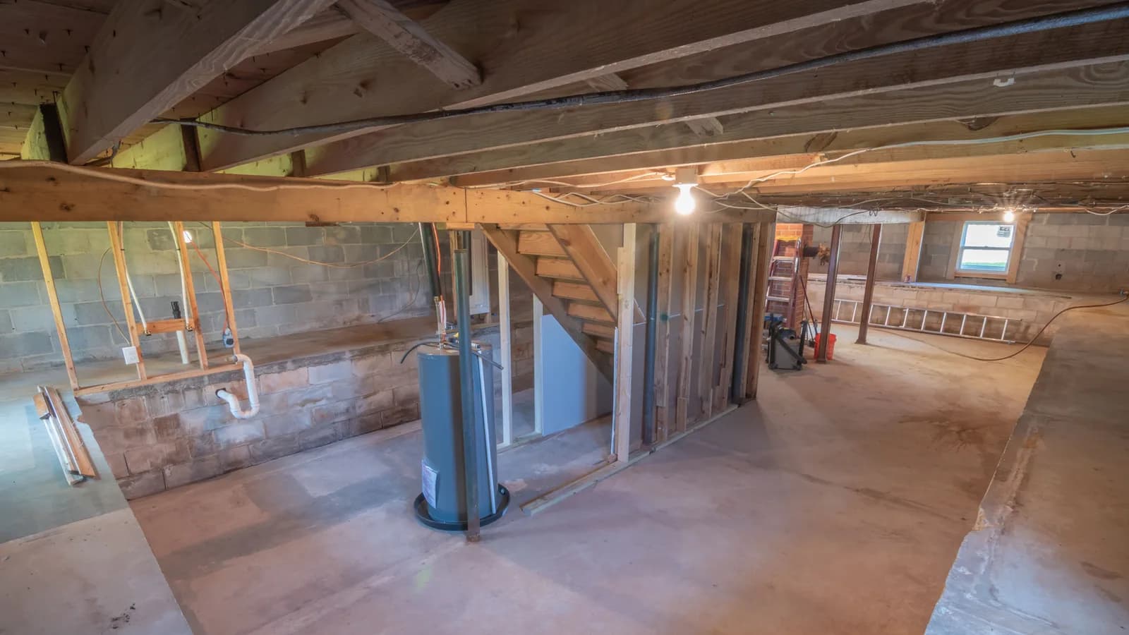 Empty basement with exposed beams and plumbing pipes, ideal for renovation.
