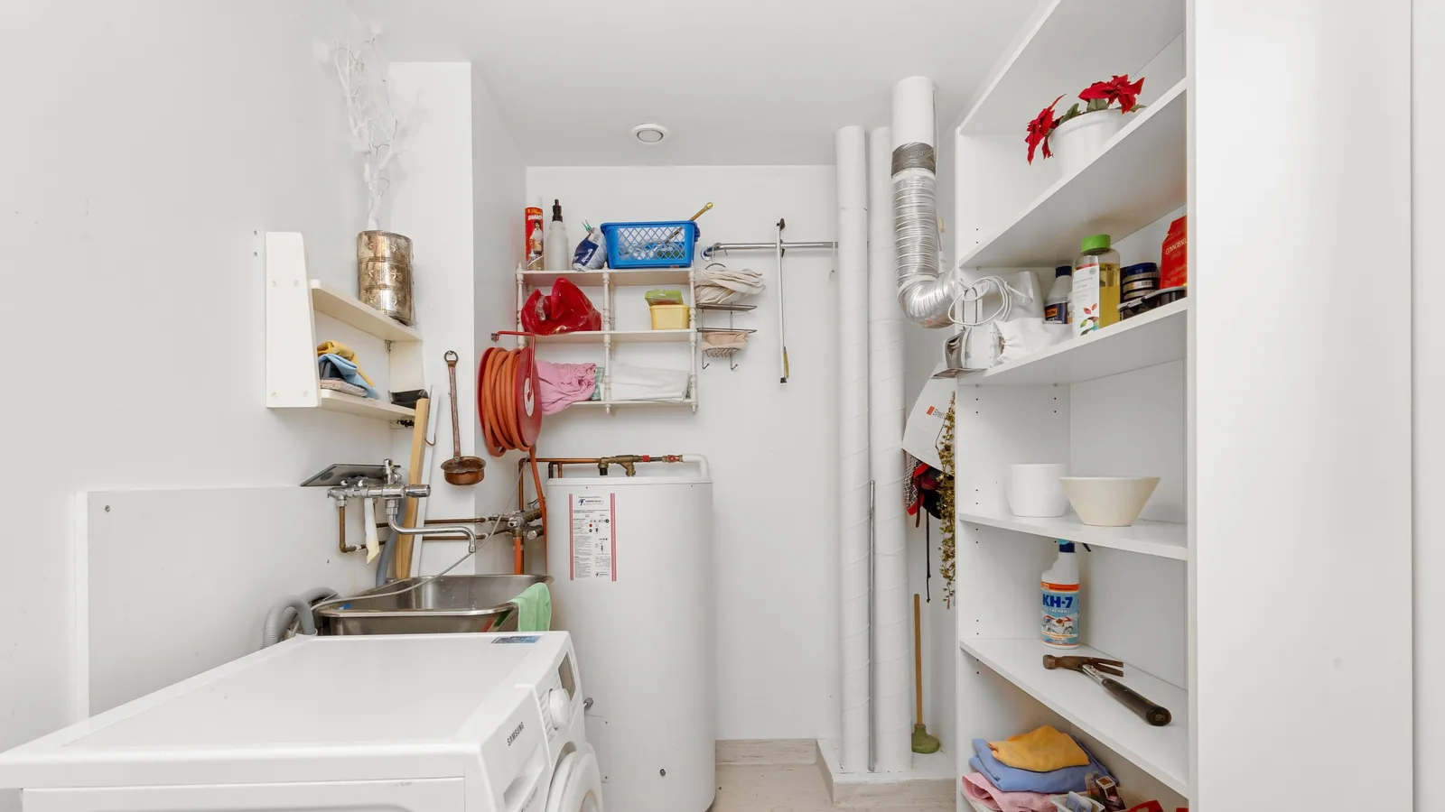 Clean and organized home laundry room with washing machine, shelves, and water heater.