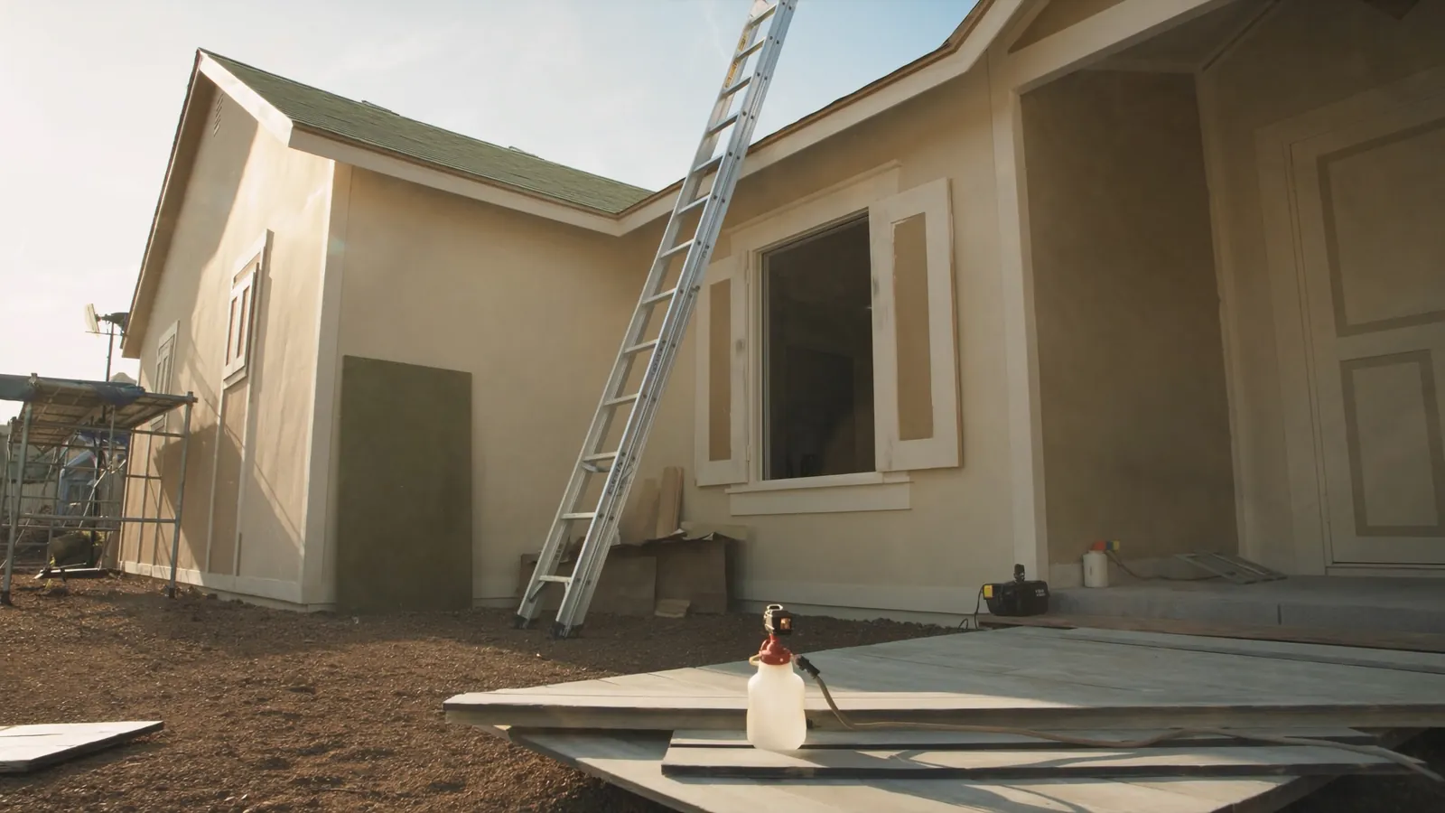 Single-family house mid-renovation with a ladder and light scaffolding against the facade in warm late-afternoon sun