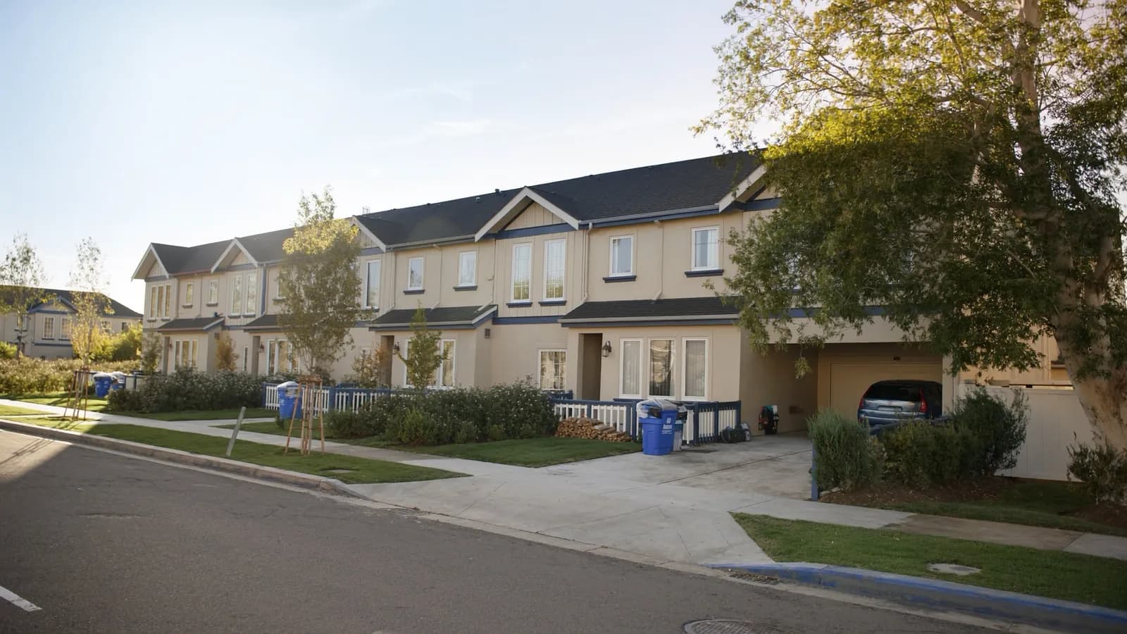 Row of matching cream and navy-trimmed single-family rental townhomes along a tree-lined suburban street in warm afternoon light