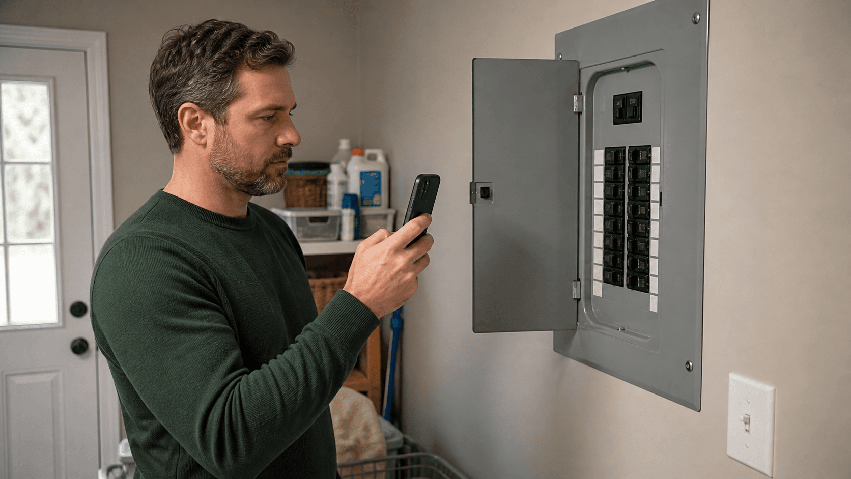 A homeowner photographing a closed electrical panel with its access door open