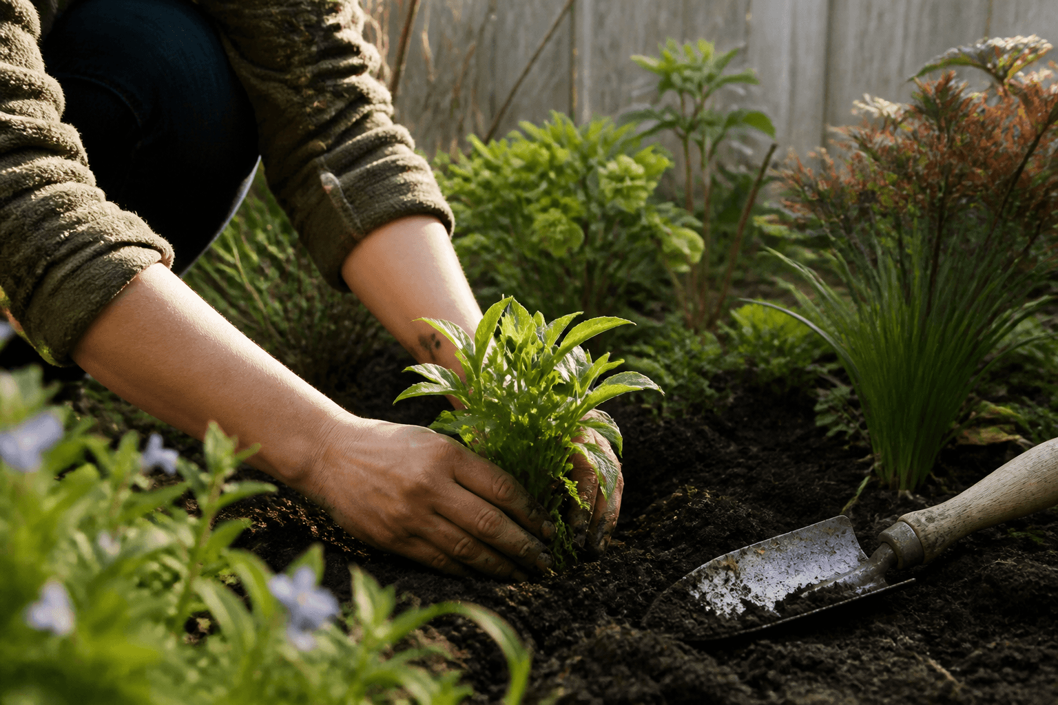 Hands planting a perennial in an attainable backyard garden
