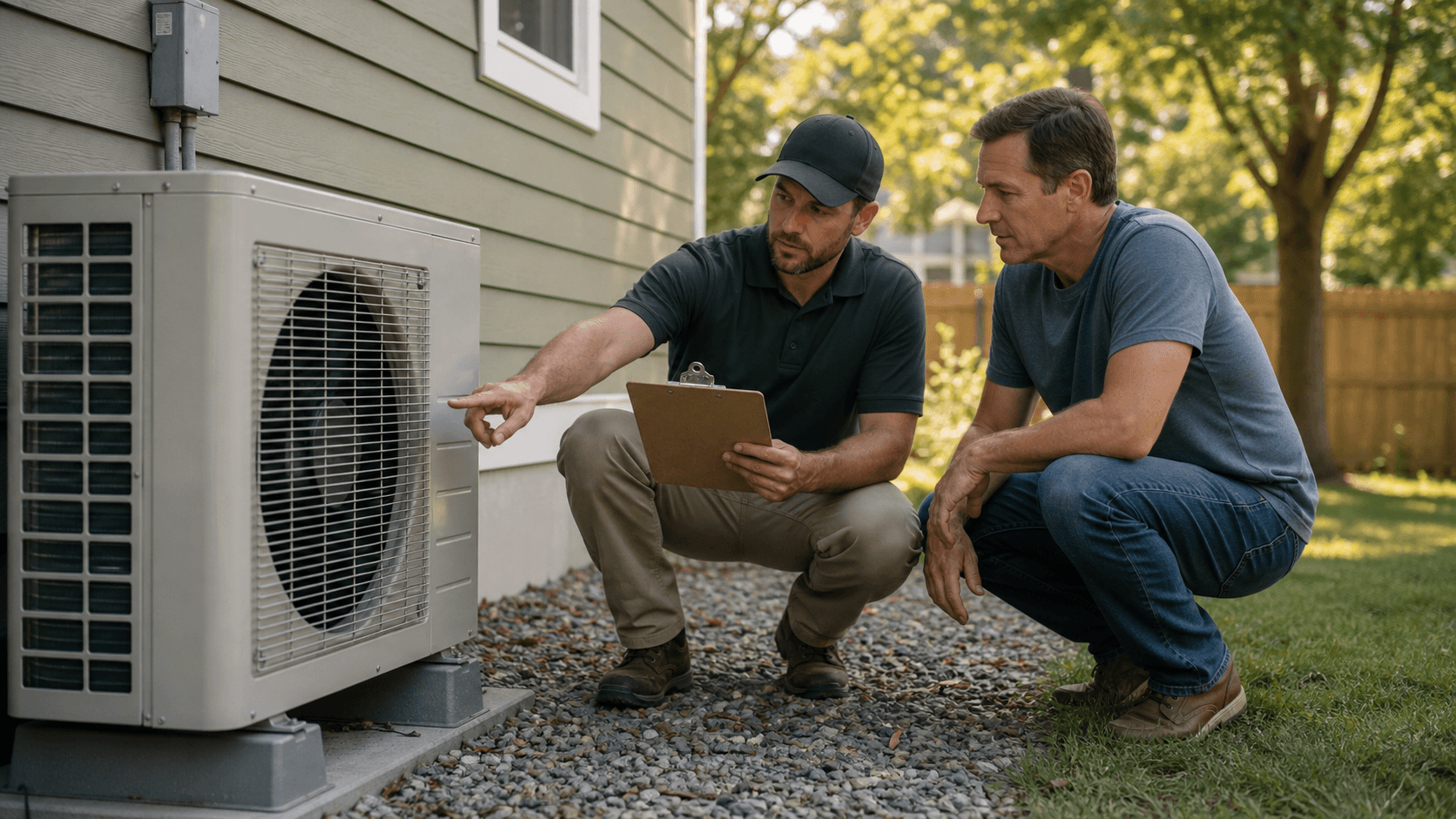 A homeowner and HVAC technician reviewing an outdoor heat-pump system