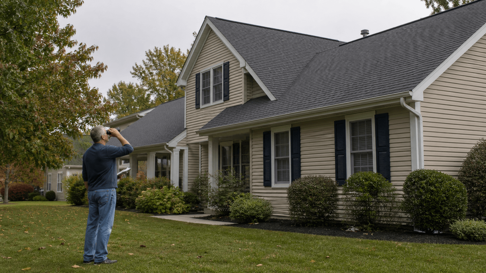 Homeowner inspecting a roof safely from the yard