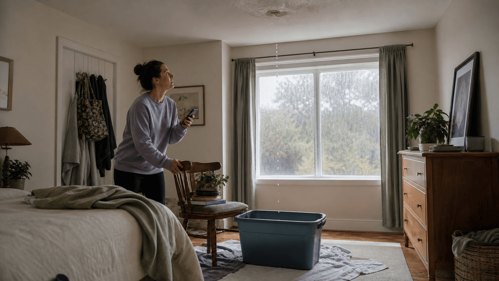 A homeowner moving belongings away from a ceiling leak during heavy rain