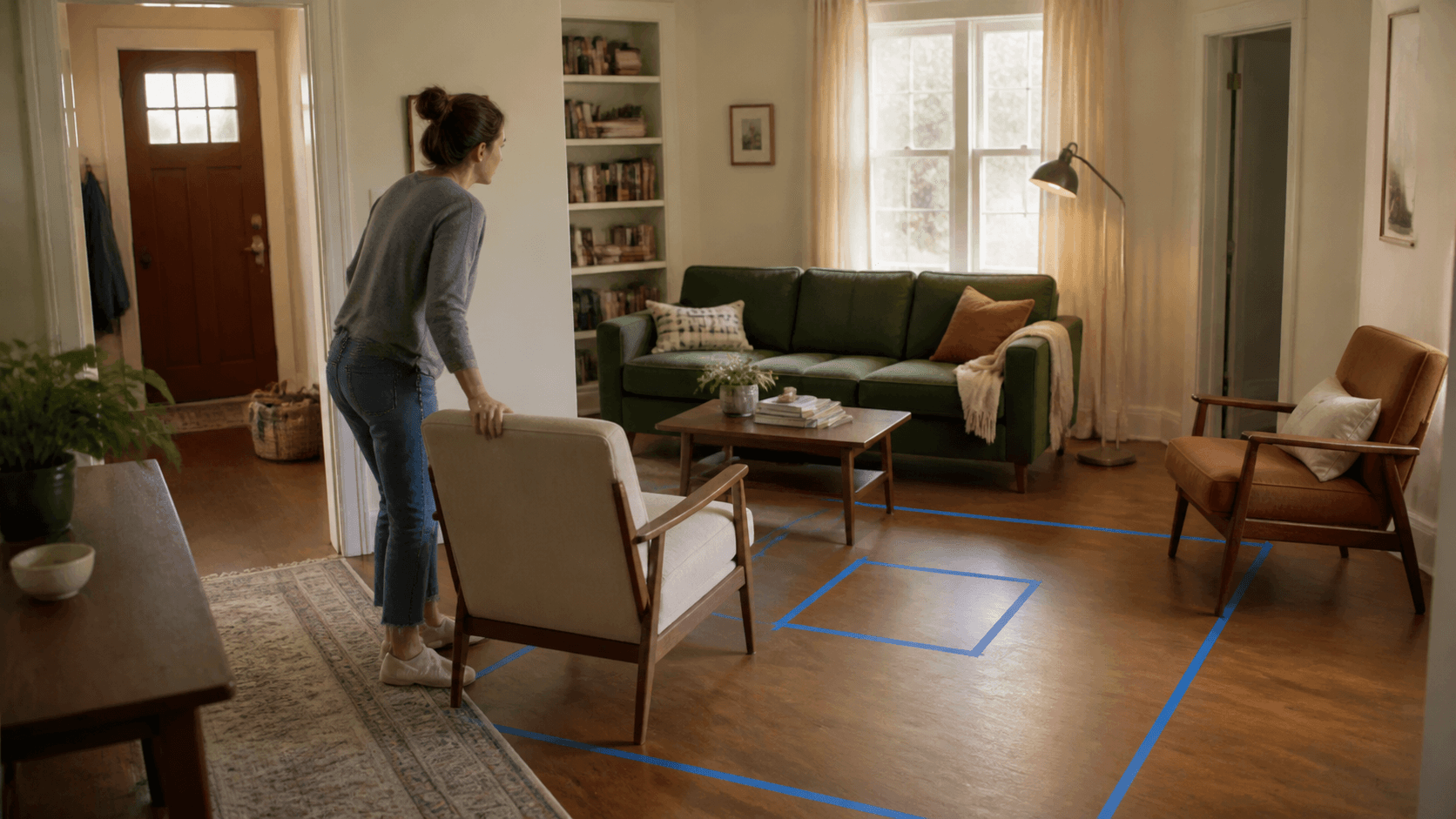 A homeowner testing a chair position inside a painter's-tape outline in a small living room