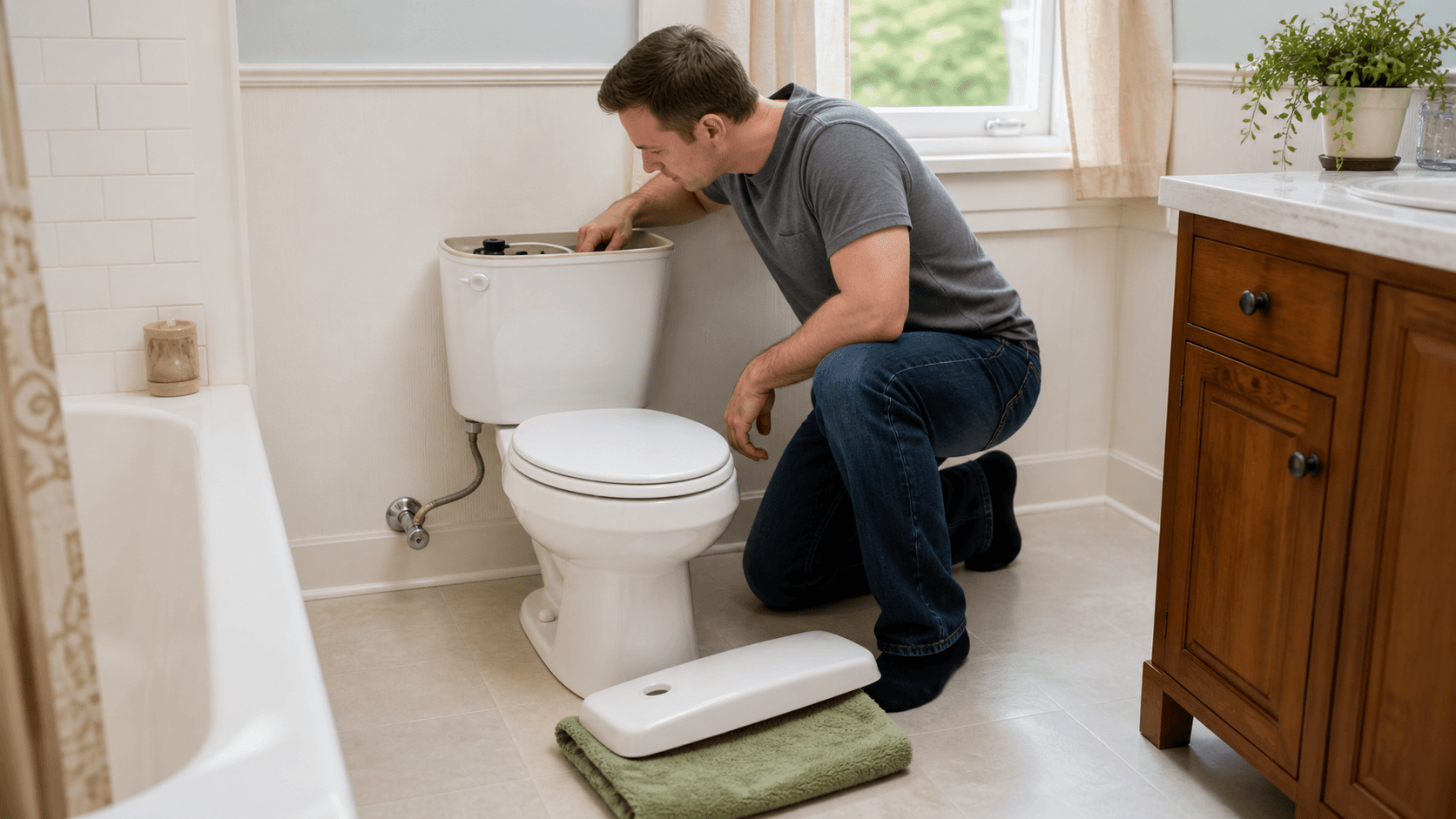 A homeowner looking into an open toilet tank with the lid resting safely on a towel