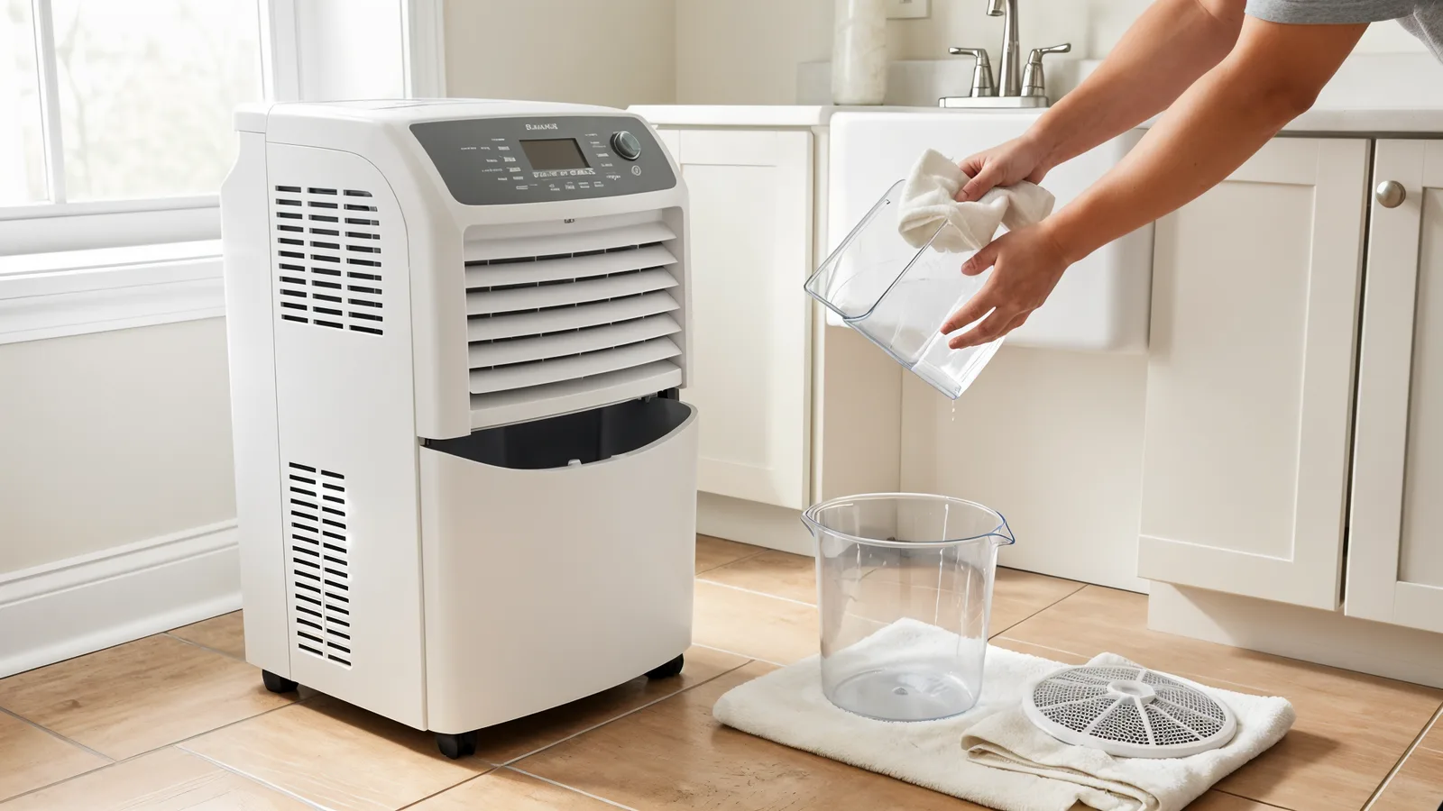 Hands wiping a removed transparent dehumidifier bucket beside a portable dehumidifier and dry air filter in a laundry room