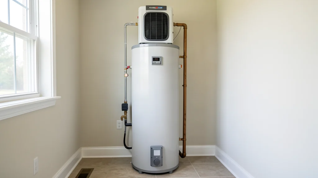 Hybrid heat-pump water heater installed indoors with its upper air intake, plumbing, condensate line, and clear service space visible.