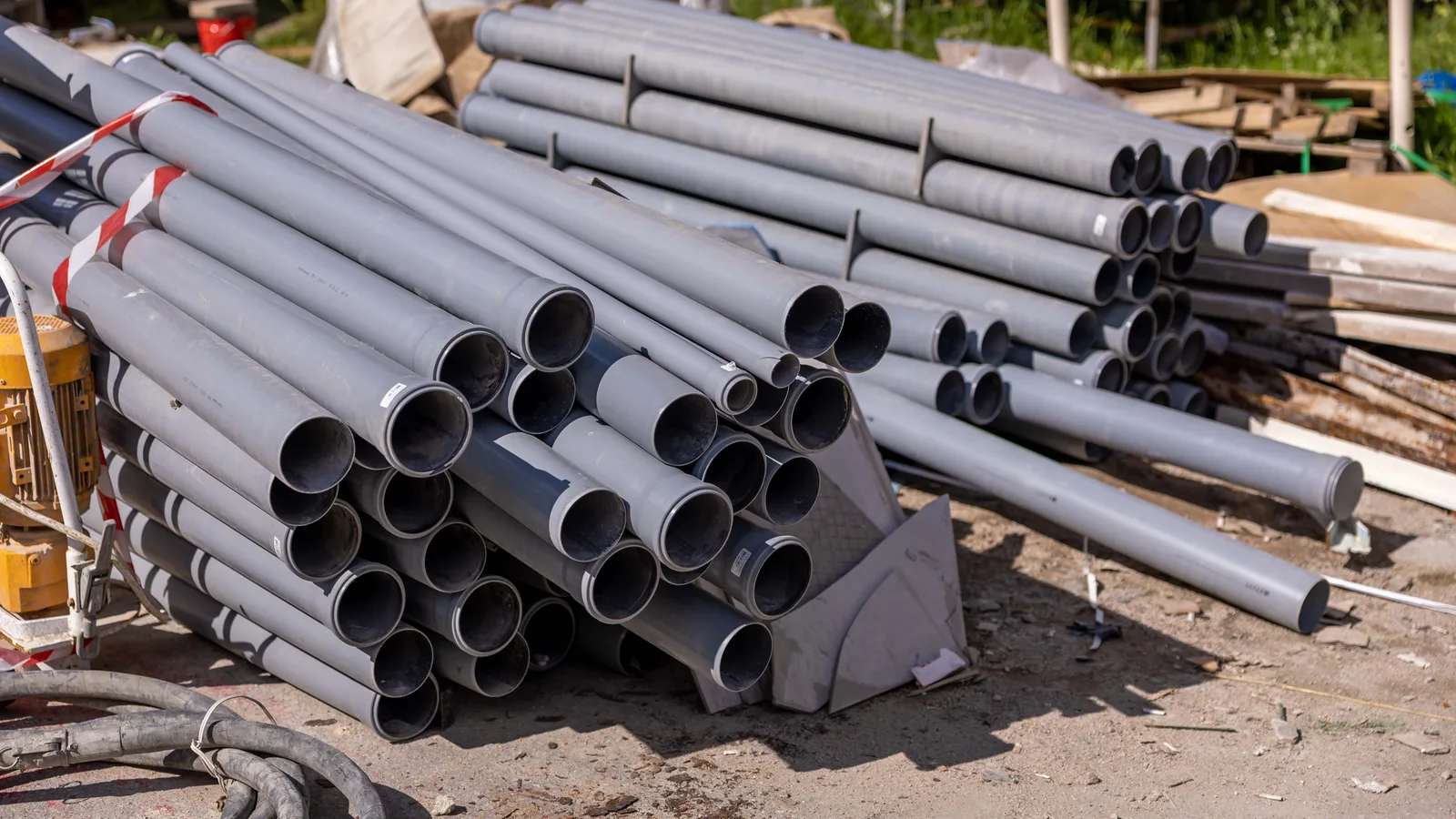A collection of gray PVC pipes neatly stacked at an outdoor construction site.